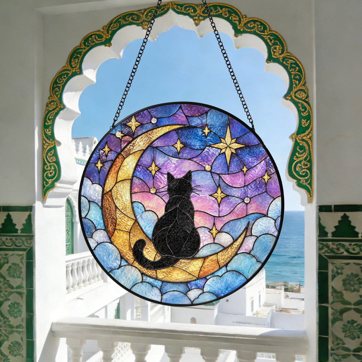Whimsical Cat Moon Stained Glass Suncatcher - Personalized Cat Color & Name Window Hanging - Cat Lover Gift