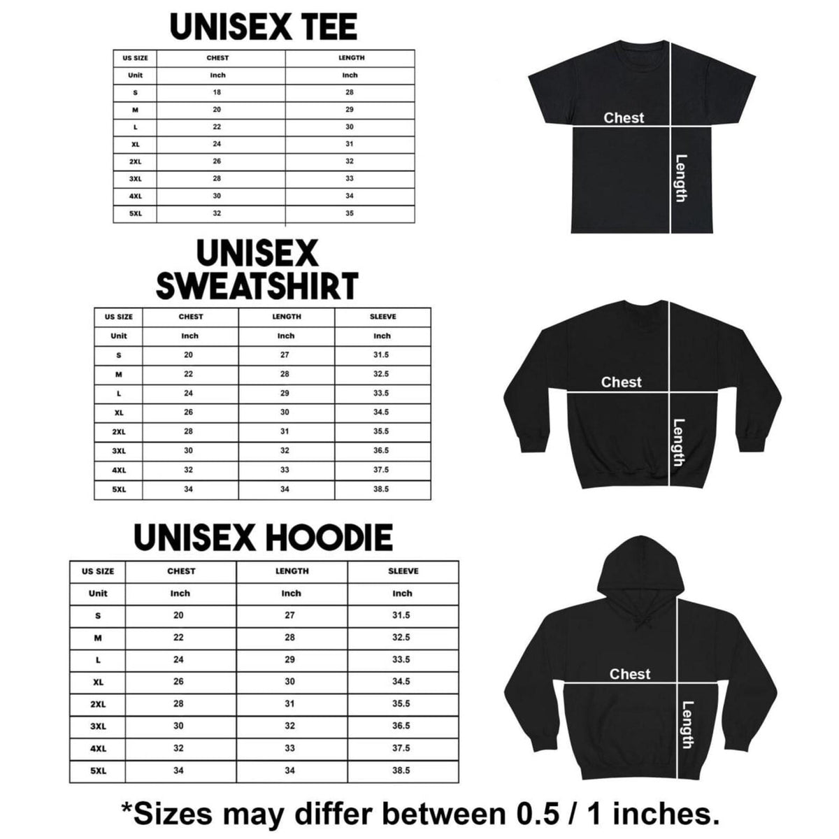 A size chart for a black unisex tee, sweatshirt, and hoodie. Each section includes a table with US sizes in inches for chest, length, and sleeve measurements, alongside a black garment silhouette with lines indicating where to measure.