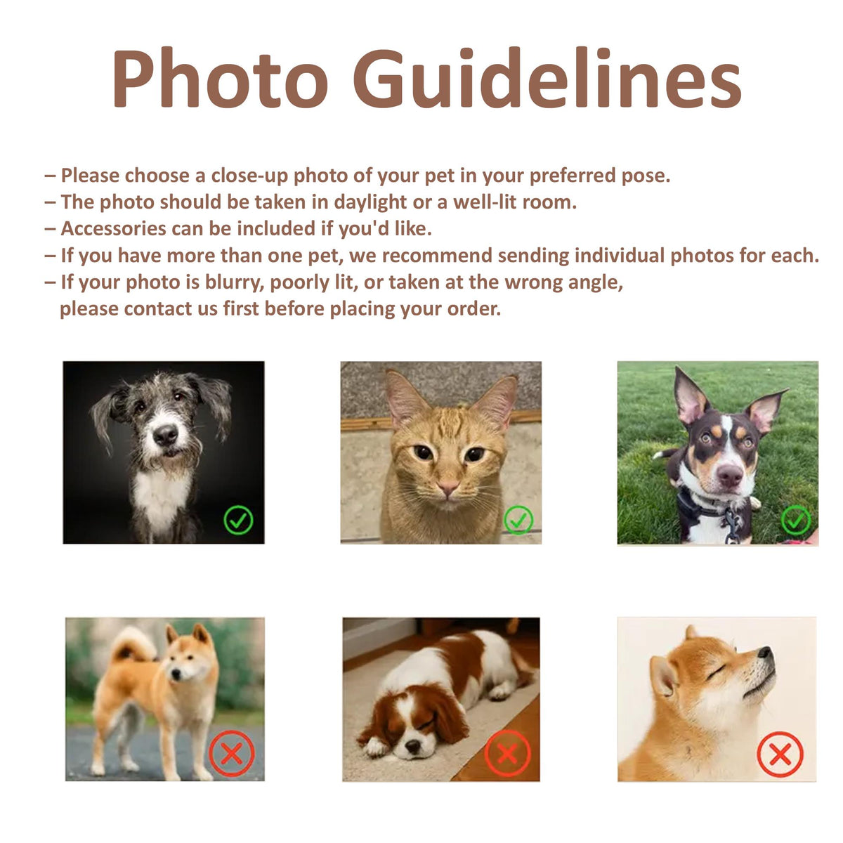 An informational graphic titled Photo Guidelines with text instructions for pet photography. It displays six pet photos: three marked with green checkmarks for good quality and three with red x marks for poor quality examples.