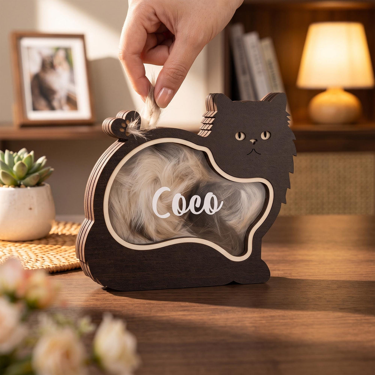 A dark brown wooden cat-shaped shadow box with a clear front panel featuring the name Coco in white script. The interior contains light-colored fur, and the frame has a layered wood construction with a cutout cat silhouette design.