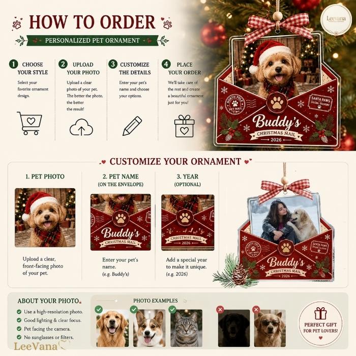 A personalized pet Christmas ornament shaped like an envelope with a red and white plaid bow. The ornament features a photo of a dog wearing a Santa hat, the text Buddy's Christmas Mail 2026, and decorative paw print stamps.