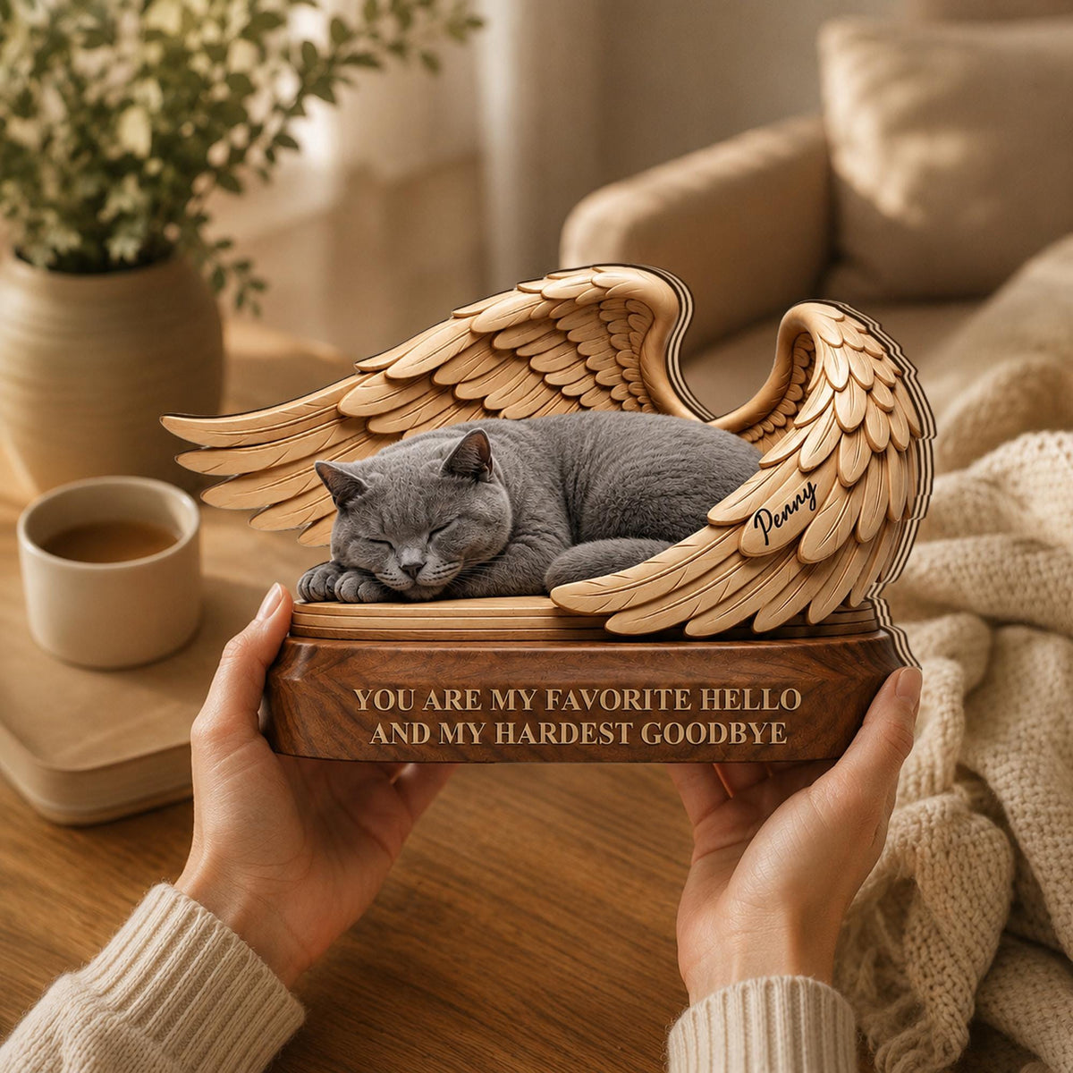 A wooden memorial sculpture featuring a sleeping gray cat nestled between two carved wings. The base is engraved with the text "YOU ARE MY FAVORITE HELLO AND MY HARDEST GOODBYE" and the name "Penny" is etched onto one of the wings.