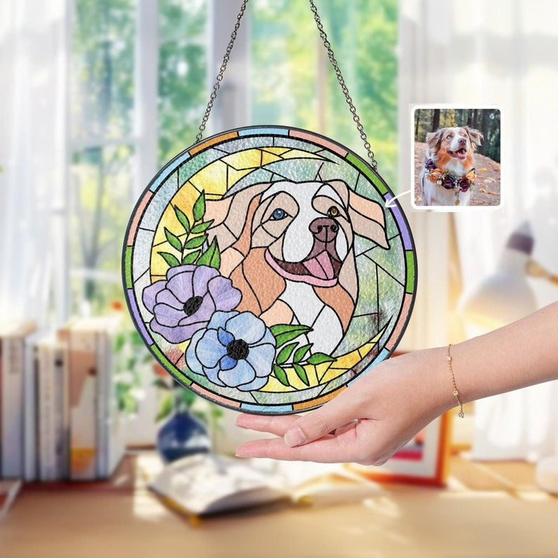 Personalized Pet Portrait Stained Glass Suncatcher, Custom Dog Cat Portrait from Photo, Pet Keepsake, Pet Loss Gift, Memorial For Pet