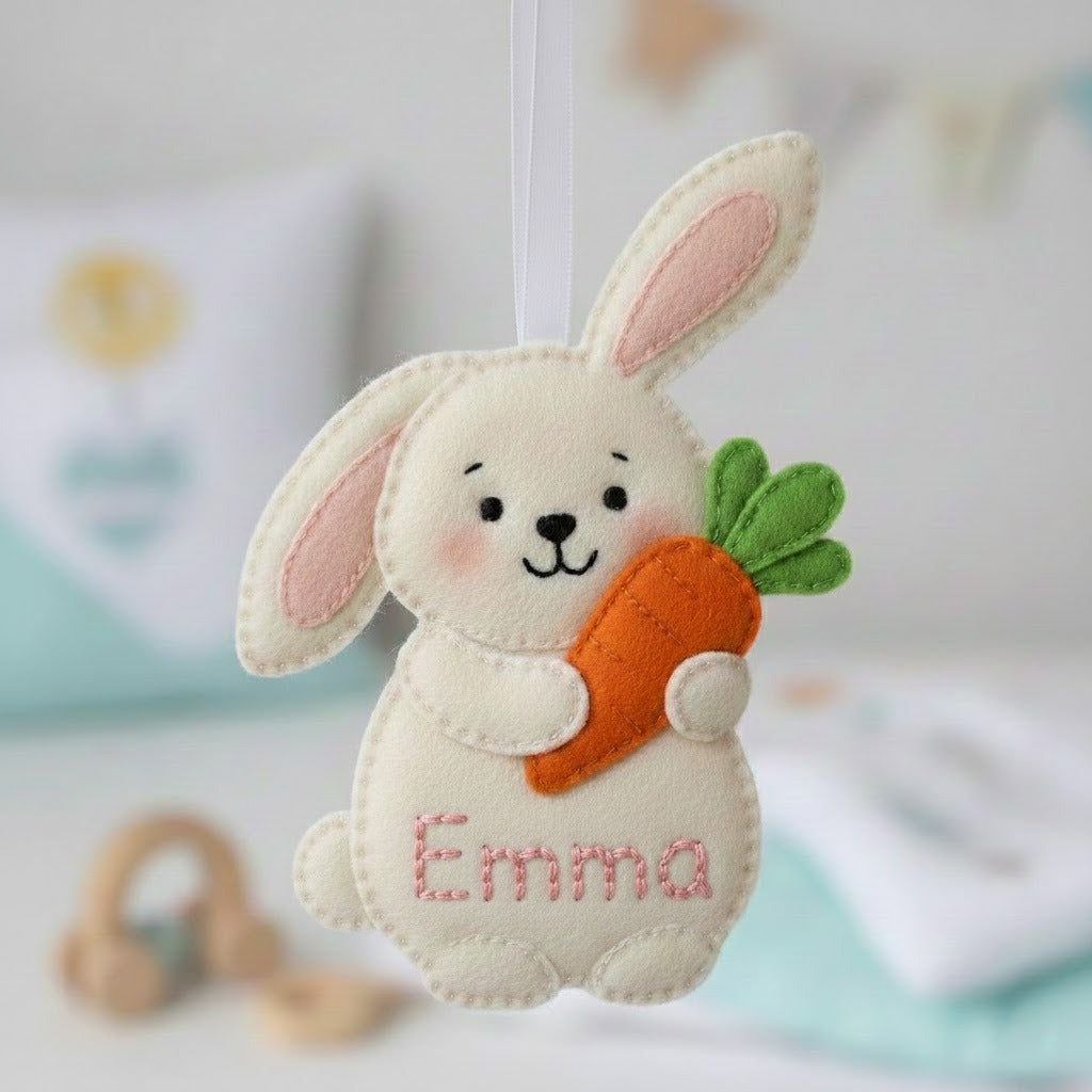 Custom Bunny With Carrot Felt Ornament, Easter Day Ornament, Embroidered Animal Ornament, Handmade 3D Felt Gift, Baby Easter