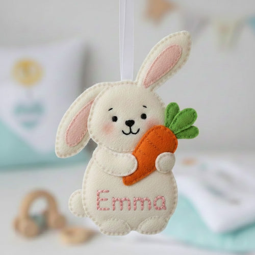 Custom Bunny With Carrot Felt Ornament, Easter Day Ornament, Embroidered Animal Ornament, Handmade 3D Felt Gift, Baby Easter