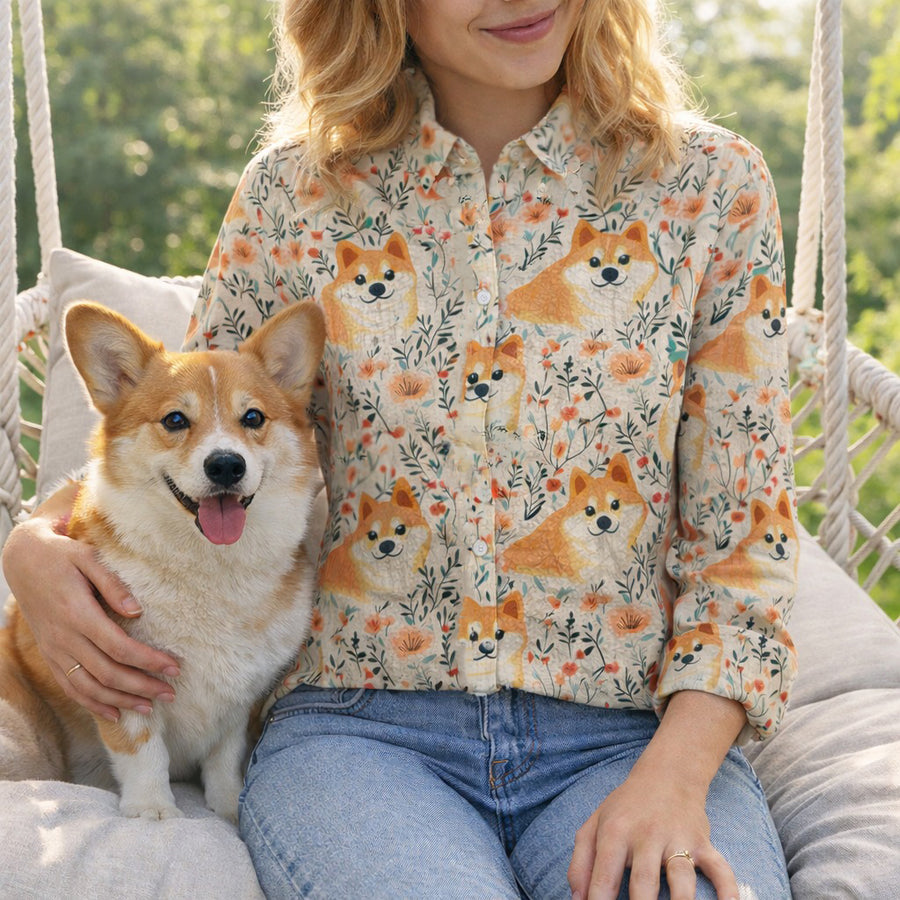 Corgi Print Blouse for Women, Dog Flower Lover Shirt, Cute Pet Pattern Top, Casual Button Up Blouse, Dog Lover Shirt