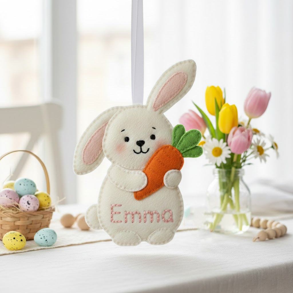 Custom Bunny With Carrot Felt Ornament, Easter Day Ornament, Embroidered Animal Ornament, Handmade 3D Felt Gift, Baby Easter