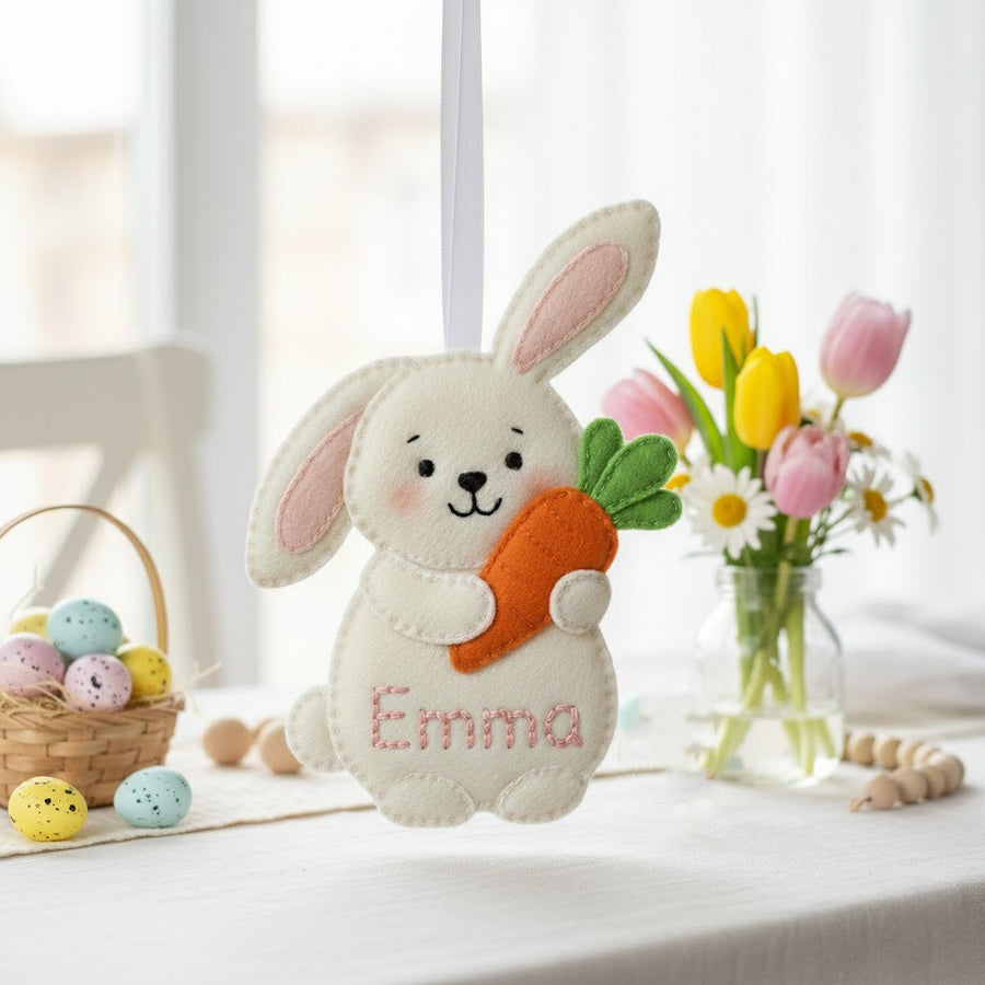 Bunny With Carrot Felt Ornament - Personalized Easter Bunny Ornament With Embroidered Name - Gift For Kids