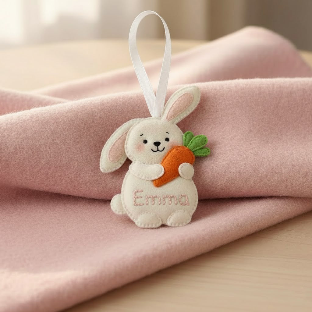 Custom Bunny With Carrot Felt Ornament, Easter Day Ornament, Embroidered Animal Ornament, Handmade 3D Felt Gift, Baby Easter