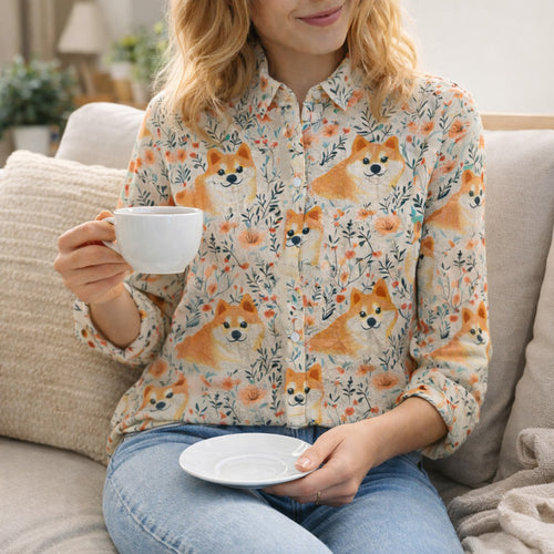 Corgi Print Blouse for Women, Dog Flower Lover Shirt, Cute Pet Pattern Top, Casual Button Up Blouse, Dog Lover Shirt