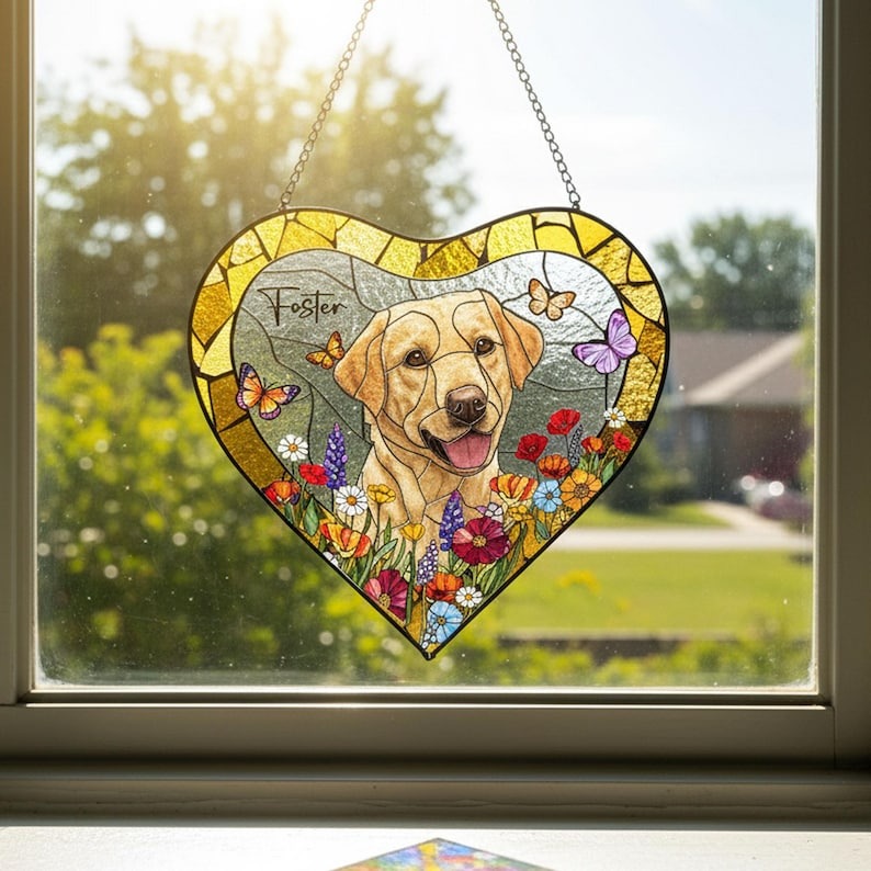 Custom Pet Portrait Heart Stained Glass Suncatcher, Pet Lost Gift, Custom Dog Cat Portrait from Photo, Sympathy Gifts
