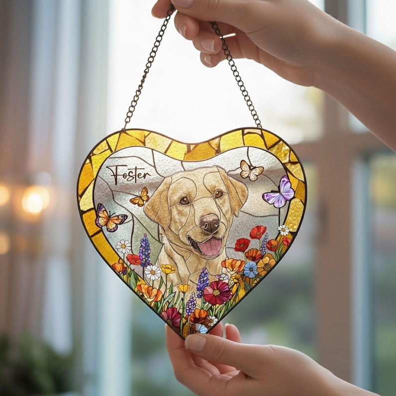 Custom Pet Portrait Heart Stained Glass Suncatcher, Pet Lost Gift, Custom Dog Cat Portrait from Photo, Sympathy Gifts