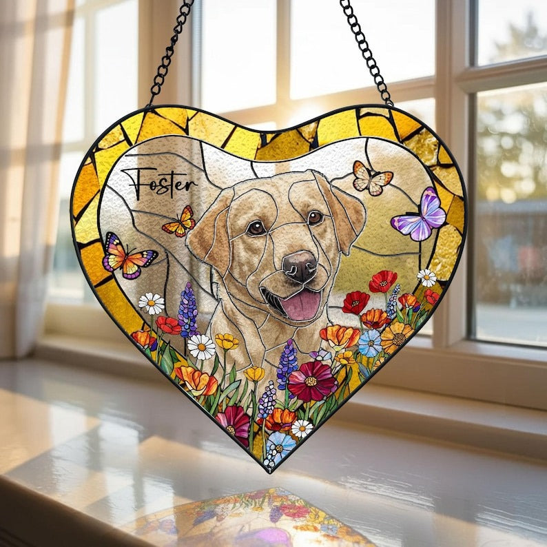 Custom Pet Portrait Heart Stained Glass Suncatcher, Pet Lost Gift, Custom Dog Cat Portrait from Photo, Sympathy Gifts