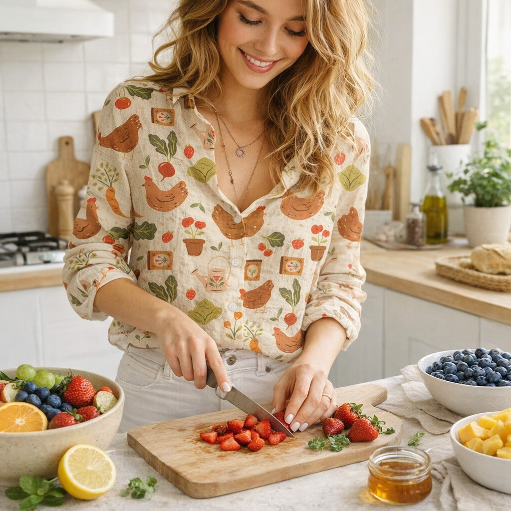 Chicken Vegetable Fruit Pattern Blouse for Women, Chicken Shirt, Cute Hen Print Button Up Shirt, Farmhouse Casual Long Sleeve Top