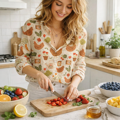 Chicken Vegetable Fruit Pattern Blouse for Women, Chicken Shirt, Cute Hen Print Button Up Shirt, Farmhouse Casual Long Sleeve Top