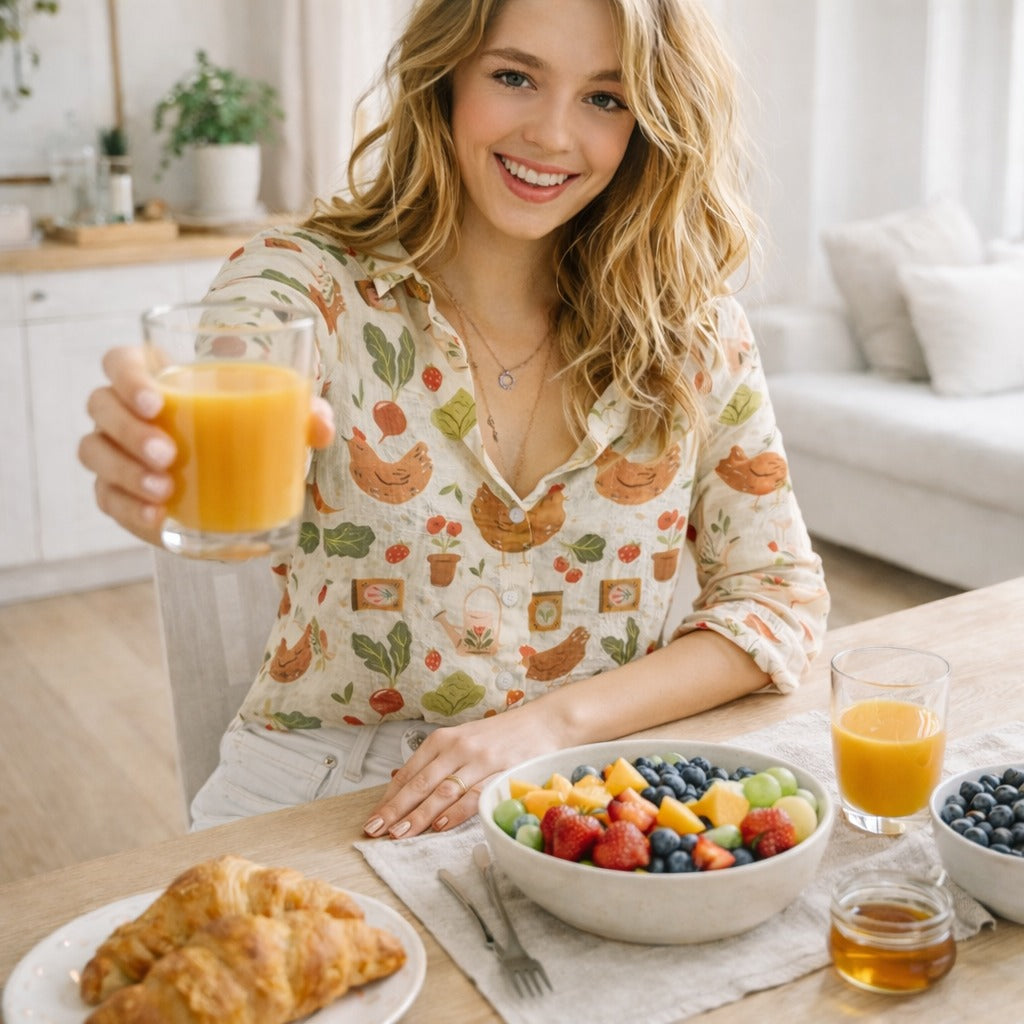 Chicken Vegetable Fruit Pattern Blouse for Women, Chicken Shirt, Cute Hen Print Button Up Shirt, Farmhouse Casual Long Sleeve Top