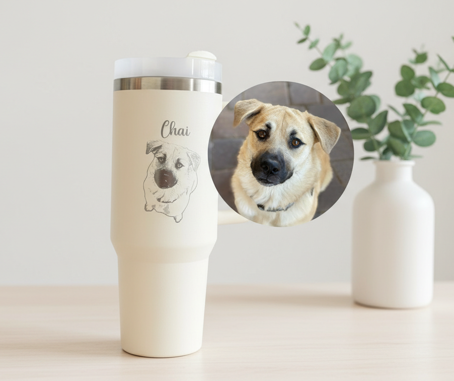 Custom Dog Photo Tumbler With Handle, Personalized Gifts for Dog Mom, Insulated 40oz Cup, Dogs Portrait Sketch Cups, Pet Picture Mug