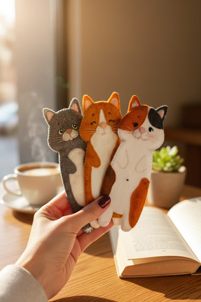 Cute Cats Felt Bookmark, Custom Cat Fabric, Embroidered Pet Bookmark, Handmade 3D Felt Gift, Pet Lover Gift