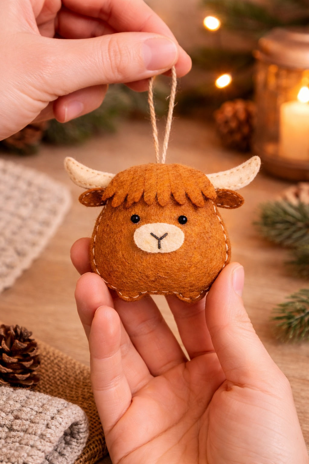 Handmade Felt Highland Cow Ornament, Funny Animal Fabric Ornament Gift, Custom Name Animal Ornament, Hanging Decor, Holiday Ornament