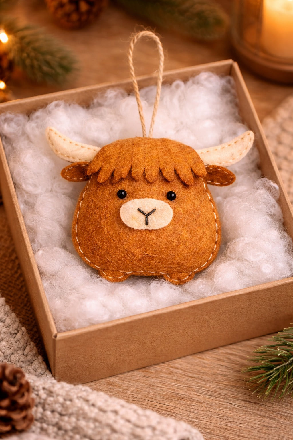 Handmade Felt Highland Cow Ornament, Funny Animal Fabric Ornament Gift, Custom Name Animal Ornament, Hanging Decor, Holiday Ornament