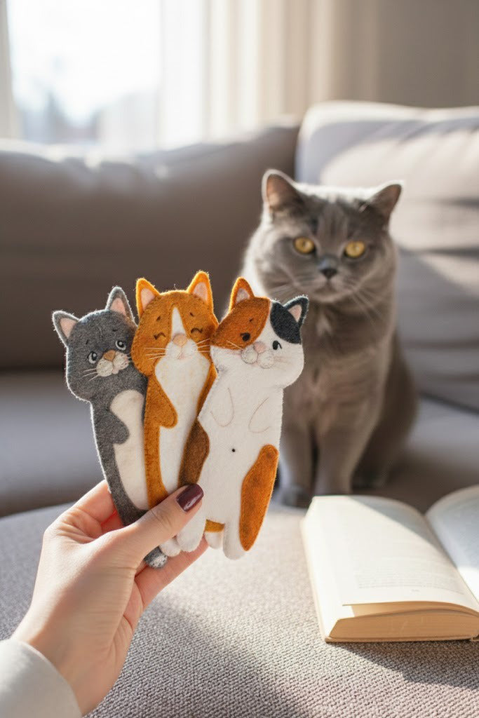 Cute Cats Felt Bookmark, Custom Cat Fabric, Embroidered Pet Bookmark, Handmade 3D Felt Gift, Pet Lover Gift