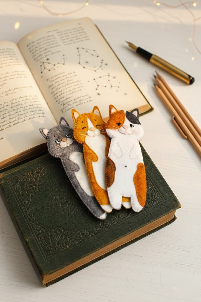 Cute Cats Felt Bookmark, Custom Cat Fabric, Embroidered Pet Bookmark, Handmade 3D Felt Gift, Pet Lover Gift
