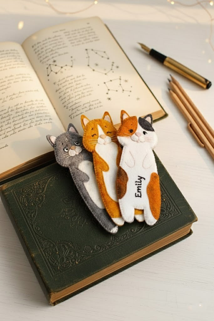 Cat Felt Bookmark With Name - Personalized Calico, Grey Or Orange Cat Bookmark - Gift For Cat And Book Lovers