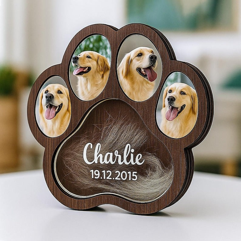 Custom Wooden Pet Fur Keepsake Box Picture Frame, Pet Paw Memorial Box, Pet Ashes Teeth Hair Box Pet Lover Sculpture Paw Print Memorial