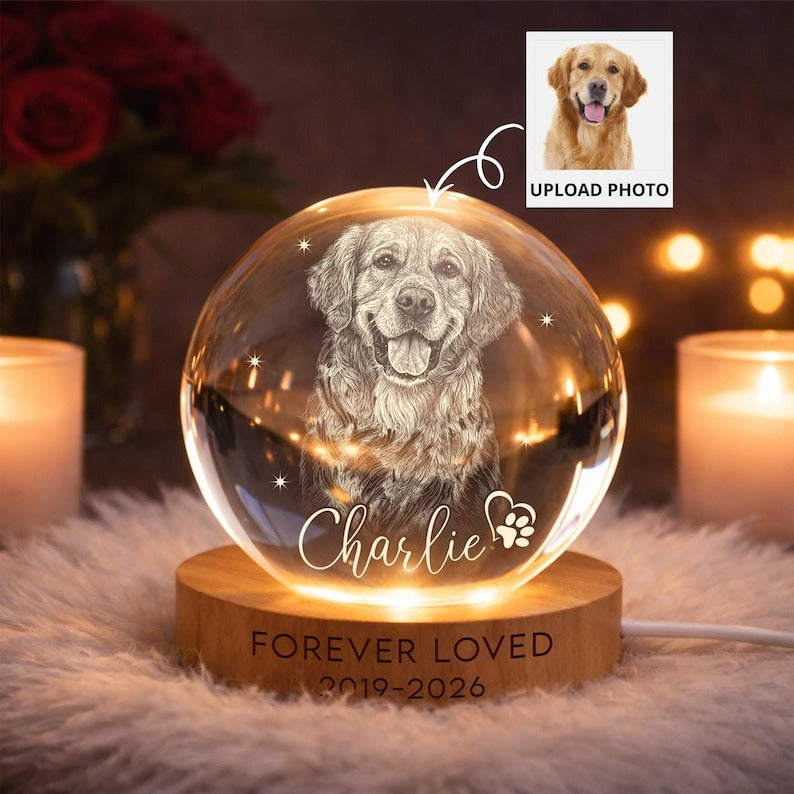 Personalized Pet Memorial Night Light, Pet Portrait Crystal Ball Night Light, Photo Crystal Light, Pet Loss, Pet Memorial Gift for Dog/Cat