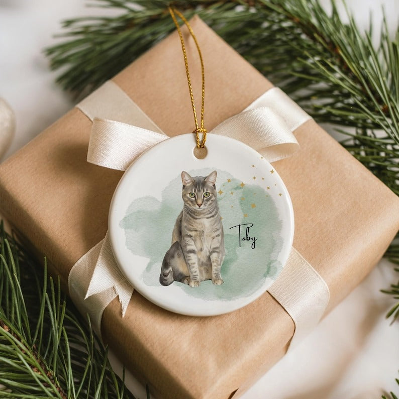 Custom Pet Portrait Ornament, Watercolor Dog or Cat Ceramic Ornament, Personalized Pet Memorial Keepsake Cat Gift, Personalized Christmas Gift