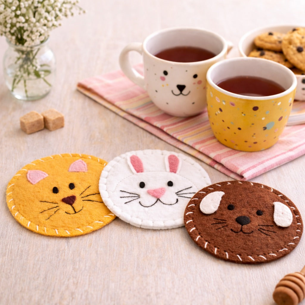 Handmade Felt Animal Coasters, Cute Cat Bunny Dog Drink Coaster Set, Kawaii Mug Mat, Handmade Table Protector, Gift for Animal Lovers