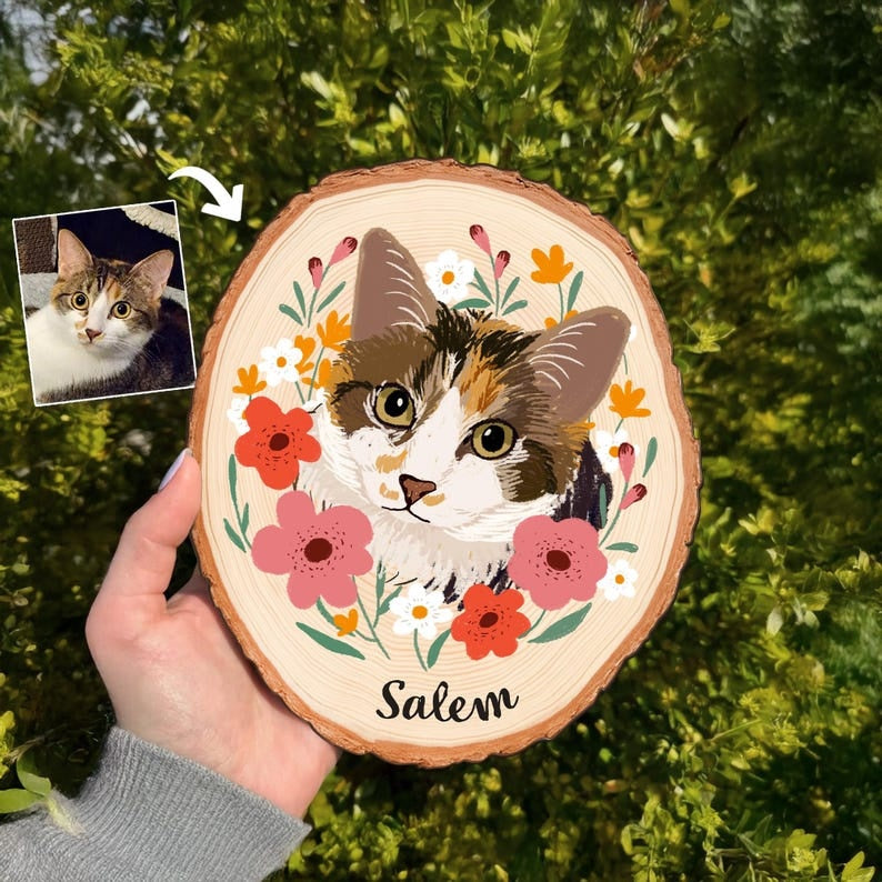 Custom Cat Portrait Wooden Hanging, Custom Pet Portrait Using Pet Photo, Cat Memorial Gift, Pet Portrait Wall Art, Pet Loss Sympathy Gift