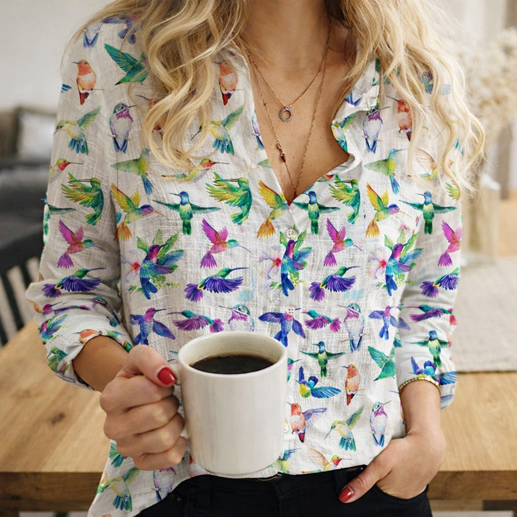 Birds Pattern Blouse for Women, Hummingbird Shirt, Cute Bird Print Button Up Shirt, Casual Long Sleeve Top, Bird Lover Gift