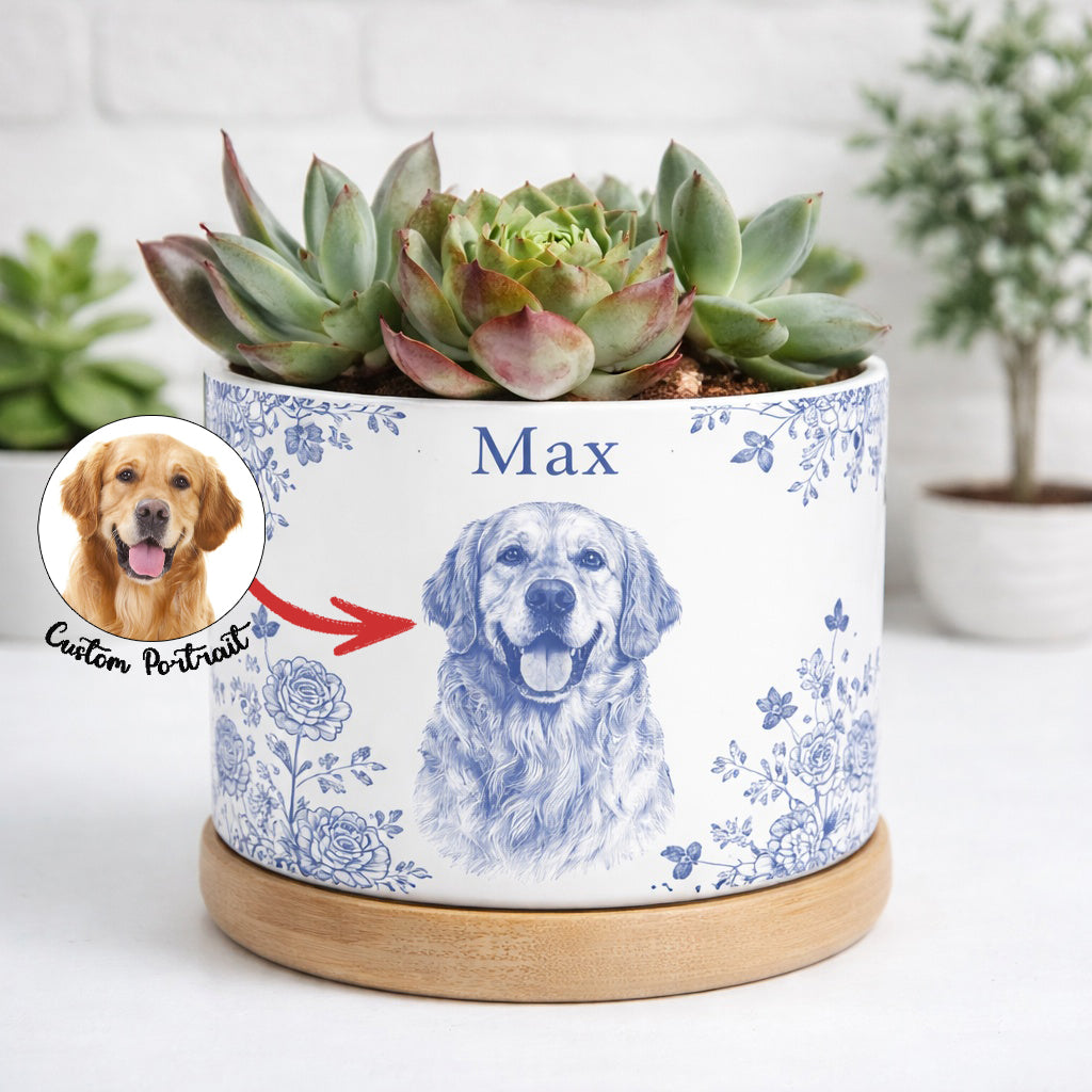 Toile De Jouy Pet Photo Planter, Custom Memorial Flower Pot, Dog/Cat/Pet Loss Keepsake, Pet Planter Pot, Dog Mom Gift