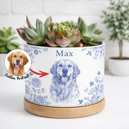 Toile De Jouy Pet Photo Planter, Custom Memorial Flower Pot, Dog/Cat/Pet Loss Keepsake, Pet Planter Pot, Dog Mom Gift