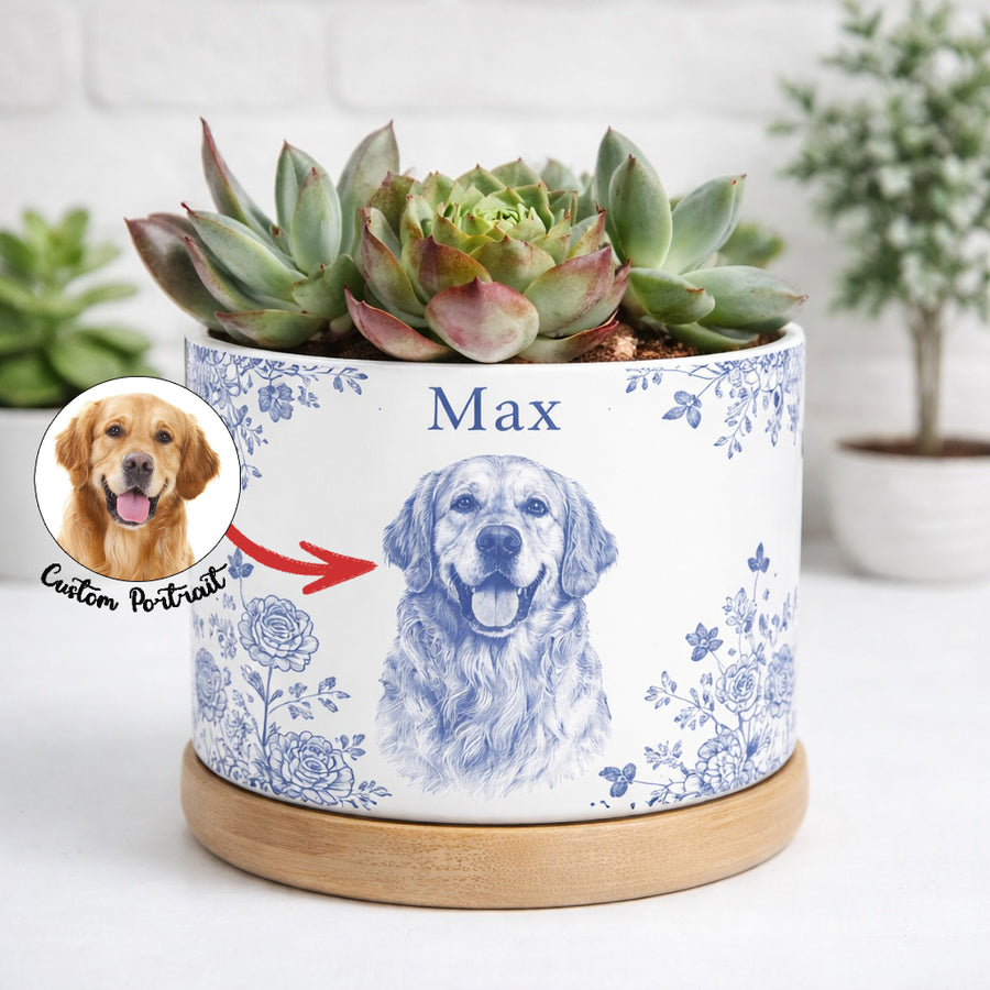 Toile De Jouy Pet Photo Planter, Custom Memorial Flower Pot, Dog/Cat/Pet Loss Keepsake, Pet Planter Pot, Dog Mom Gift