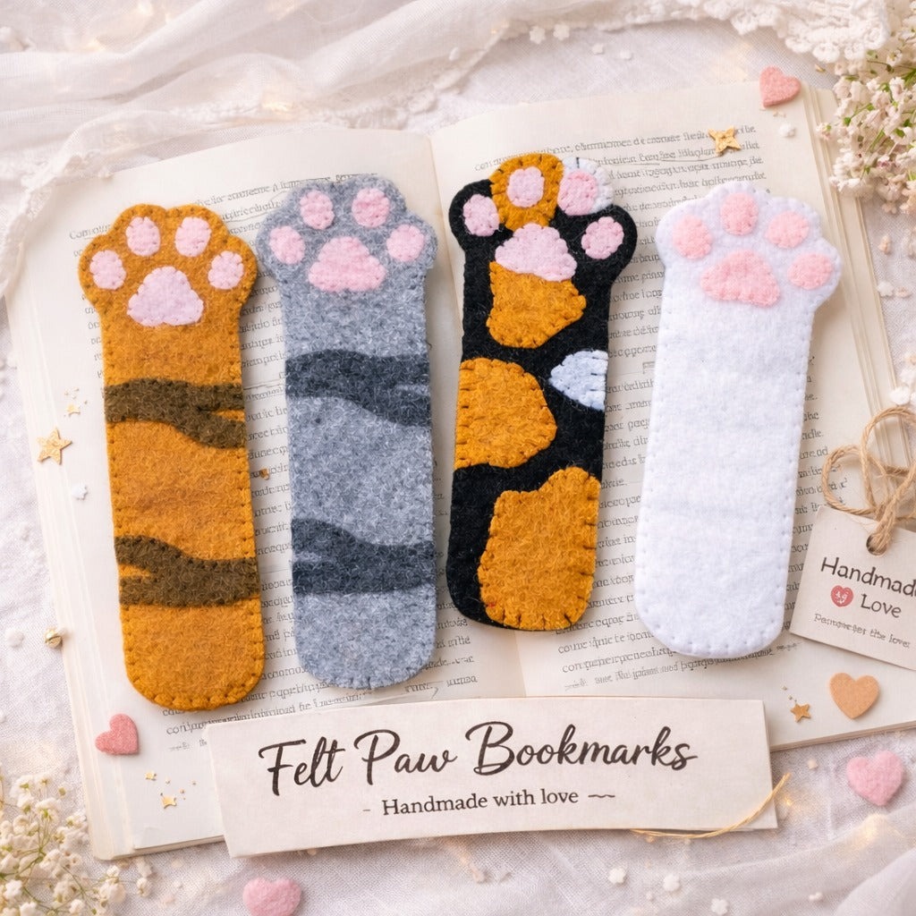Cat Paws Felt Bookmark, Custom Cat Paw Fabric, Embroidered Name Bookmark, Handmade 3D Felt Gift, Pet Lover Gift,