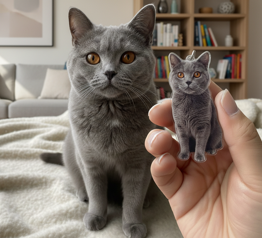 Personalized British Shorthair Keychain, Custom Cat Photo Keychain