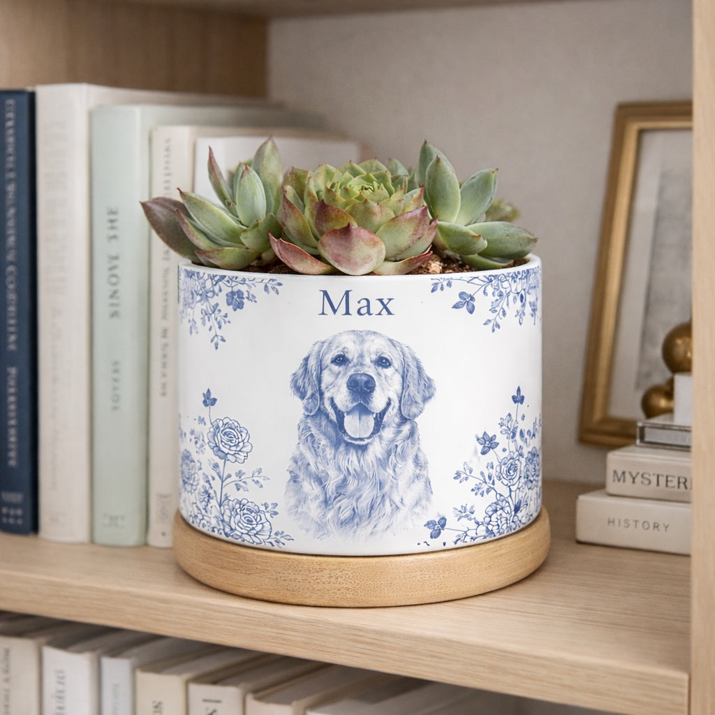 Toile De Jouy Pet Photo Planter, Custom Memorial Flower Pot, Dog/Cat/Pet Loss Keepsake, Pet Planter Pot, Dog Mom Gift