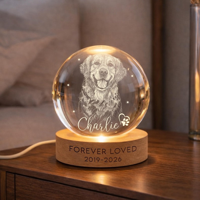Personalized Pet Memorial Night Light, Pet Portrait Crystal Ball Night Light, Photo Crystal Light, Pet Loss, Pet Memorial Gift for Dog/Cat