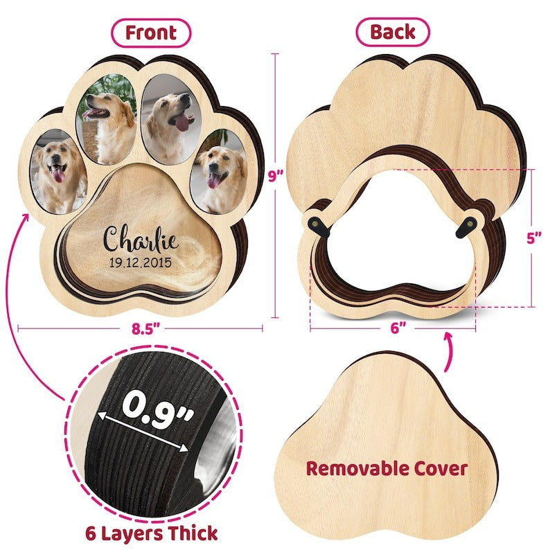 Custom Wooden Pet Fur Keepsake Box Picture Frame, Pet Paw Memorial Box, Pet Ashes Teeth Hair Box Pet Lover Sculpture Paw Print Memorial