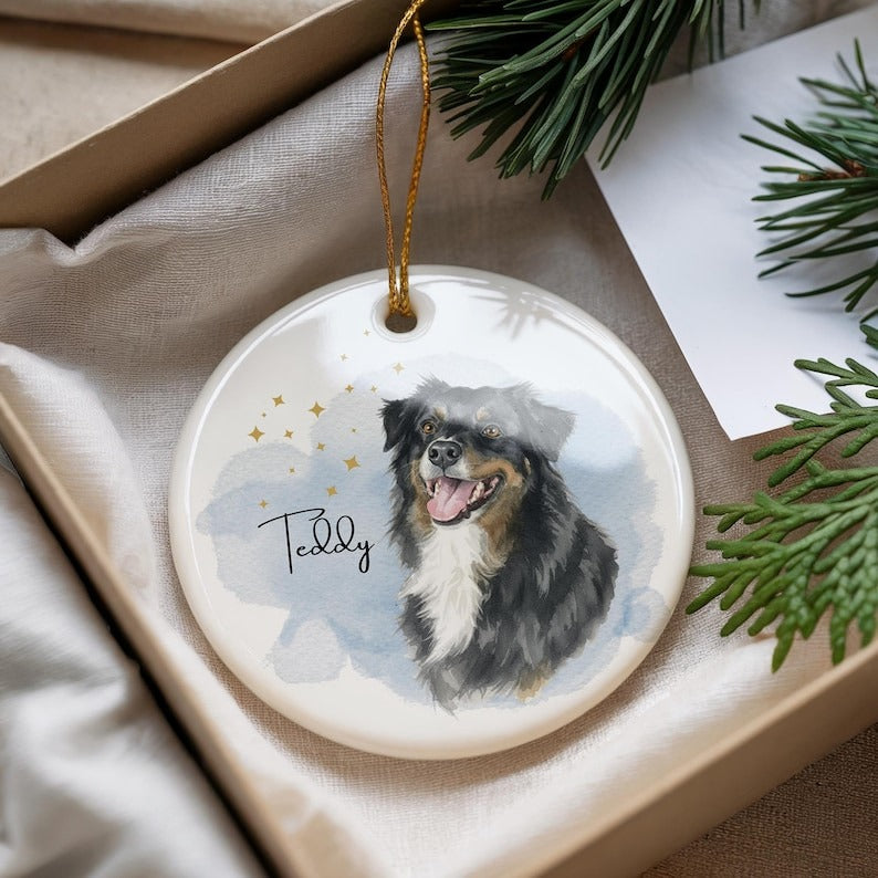 Custom Pet Portrait Ornament, Watercolor Dog or Cat Ceramic Ornament, Personalized Pet Memorial Keepsake Cat Gift, Personalized Christmas Gift