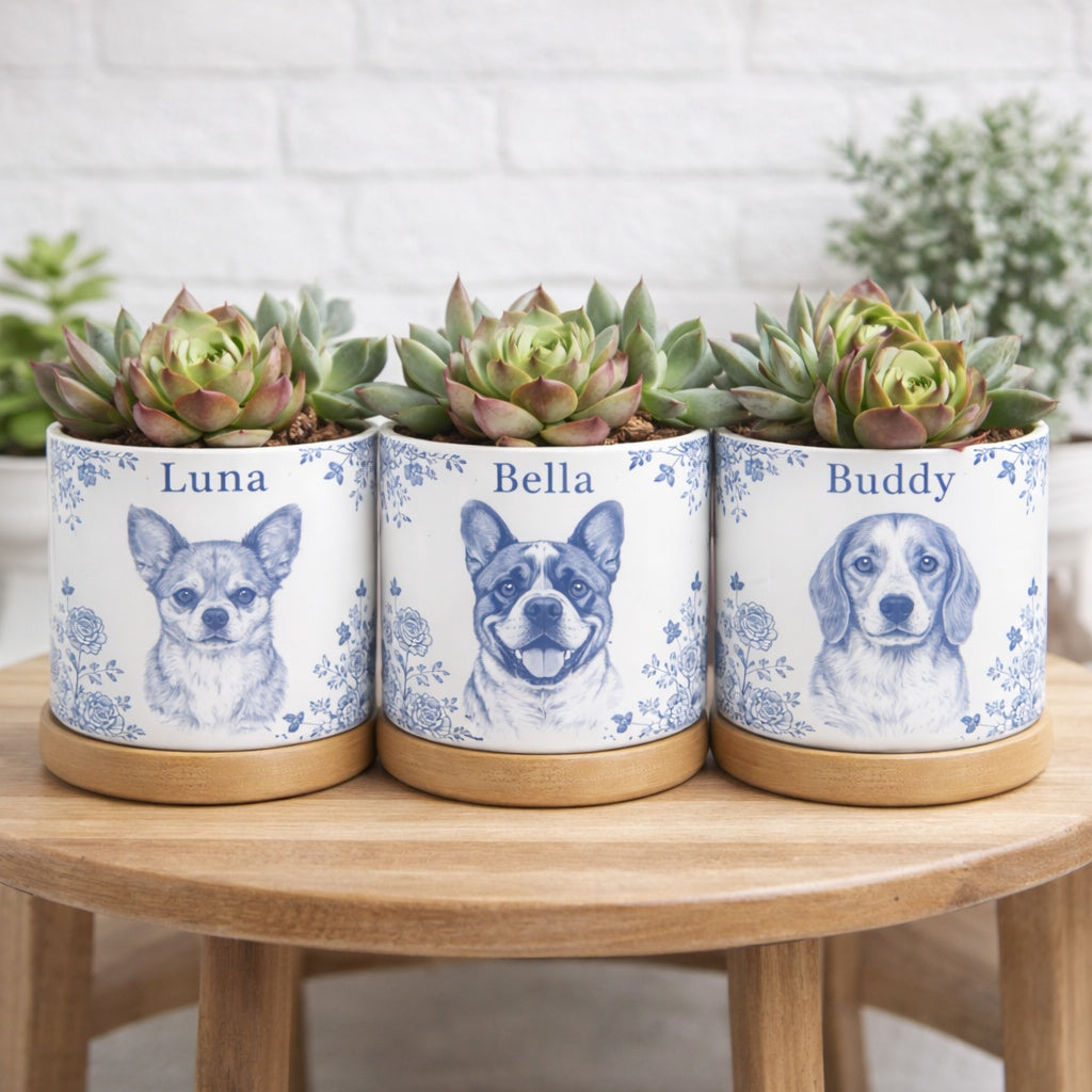 Toile De Jouy Pet Photo Planter, Custom Memorial Flower Pot, Dog/Cat/Pet Loss Keepsake, Pet Planter Pot, Dog Mom Gift