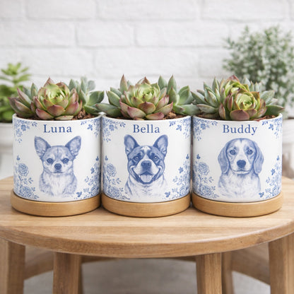 Toile De Jouy Pet Photo Planter, Custom Memorial Flower Pot, Dog/Cat/Pet Loss Keepsake, Pet Planter Pot, Dog Mom Gift
