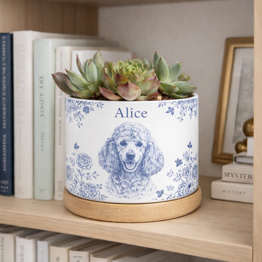 Toile De Jouy Pet Photo Planter, Custom Memorial Flower Pot, Dog/Cat/Pet Loss Keepsake, Pet Planter Pot, Dog Mom Gift