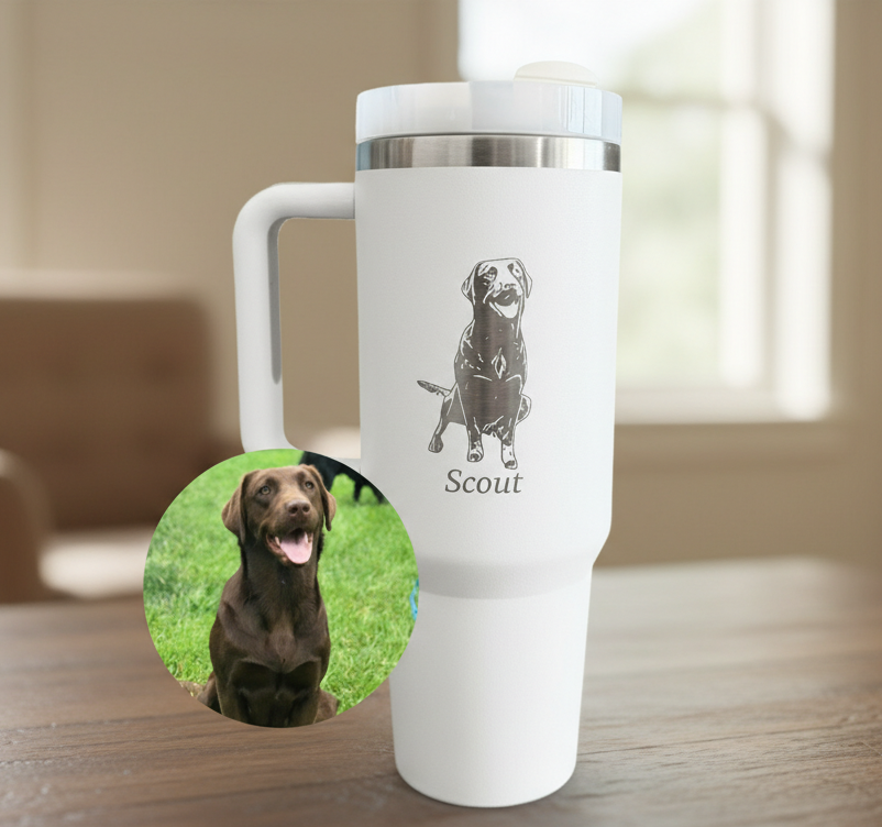Custom Dog Portrait Sketch Tumbler With Name - Personalized 40 oz Engraved Pet Cup - Gift For Dog Lovers