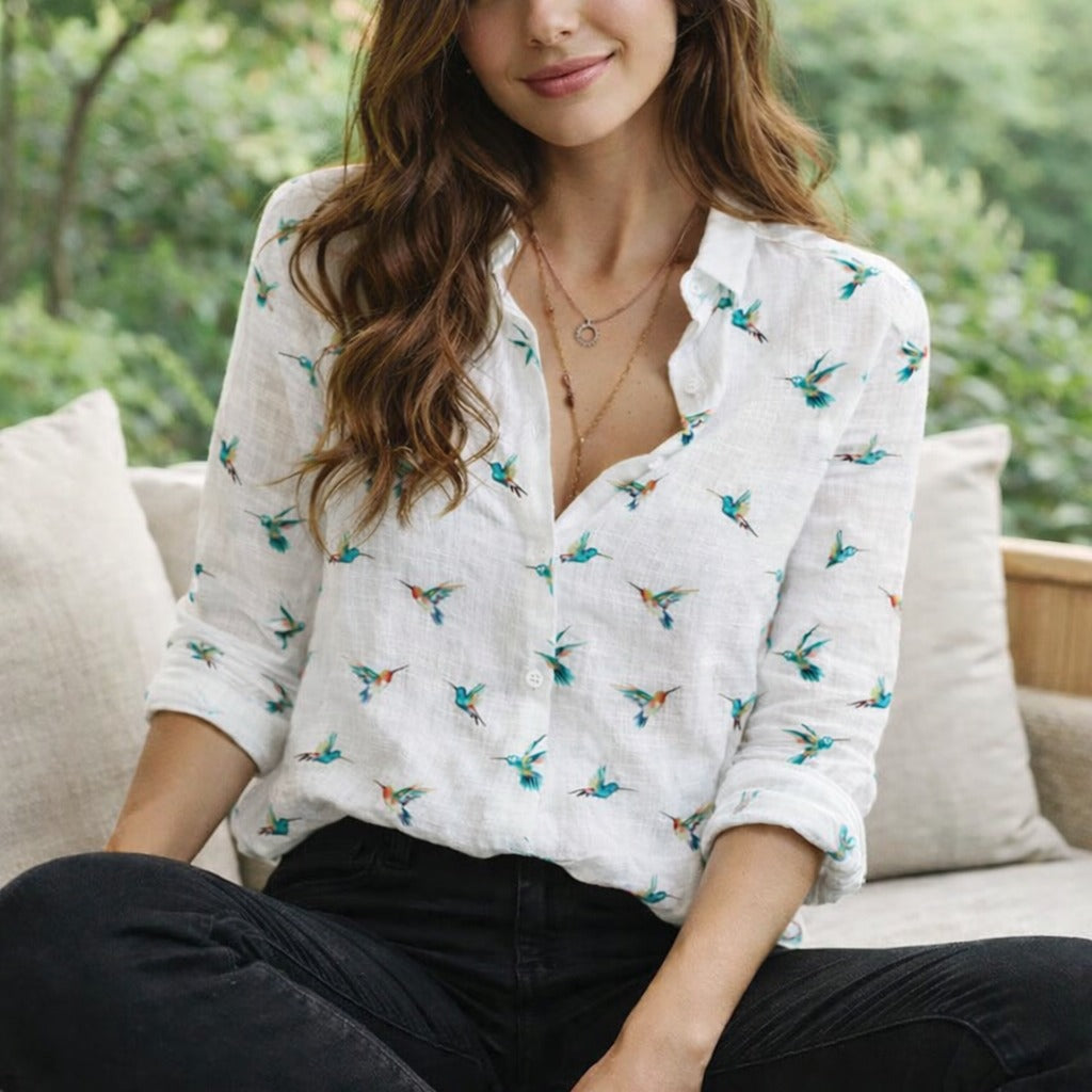 Hummingbird Pattern Blouse for Women, Hummingbird Shirt, Cute Bird Print Button Up Shirt, Casual Long Sleeve Top, Bird Lover Gift