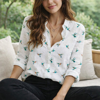 Hummingbird Pattern Blouse for Women, Hummingbird Shirt, Cute Bird Print Button Up Shirt, Casual Long Sleeve Top, Bird Lover Gift