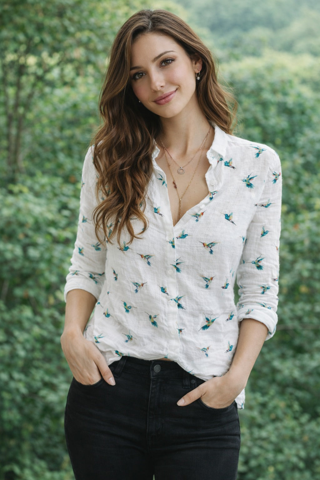 Hummingbird Pattern Blouse for Women, Hummingbird Shirt, Cute Bird Print Button Up Shirt, Casual Long Sleeve Top, Bird Lover Gift