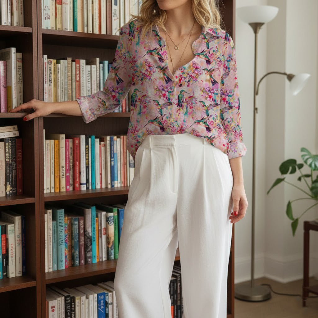 Hummingbirds Pattern Blouse for Women, Hummingbird Shirt, Bird Print Button Up Shirt, Casual Long Sleeve Top, Bird Lover Gift, Summer Clothing